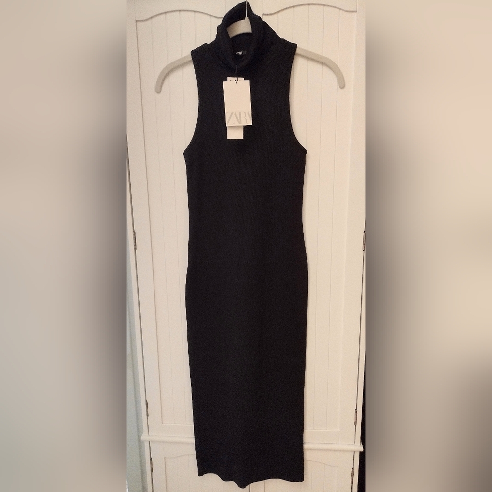 Zara Black Sleeveless Turtleneck Bodycon Midi Dress NWT - Picture 3 of 6